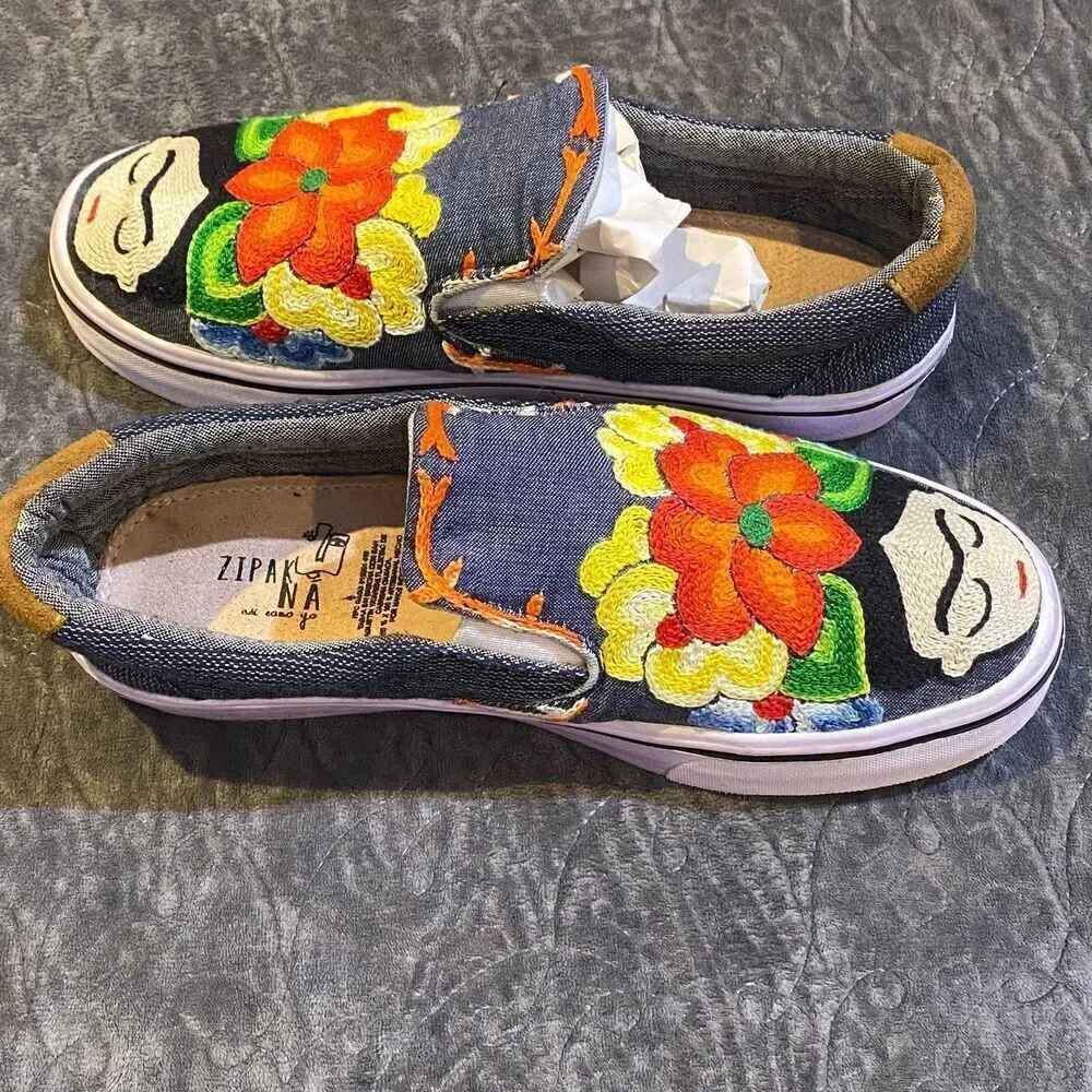 Frida Kahlo Hand Stitched Slip On Tennis Shoes Size 9 - Picture 3 of 10